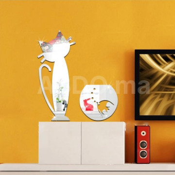 Miroirs décoratifs muraux chat et aquarium en argenté et doré