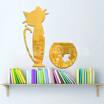 Miroirs décoratifs muraux chat et aquarium en argenté et doré